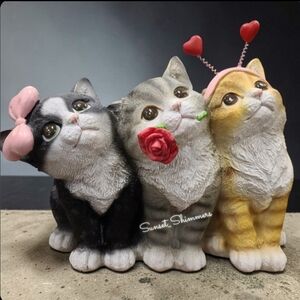 Valentines Day Cat Trio Kittens with Bow Heart Headband & Rose Figure Decor New